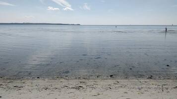 En strand med roligt vand og en fjerntliggende kystlinje.