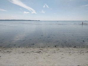 Uma praia com águas calmas e uma linha de costa distante.