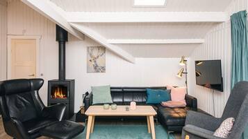 Een gezellige woonkamer met een open haard, een bank, een salontafel en een televisie.