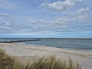 Ein Strand mit einem steinernen Wellenbrecher und grasbewachsenen Dünen.