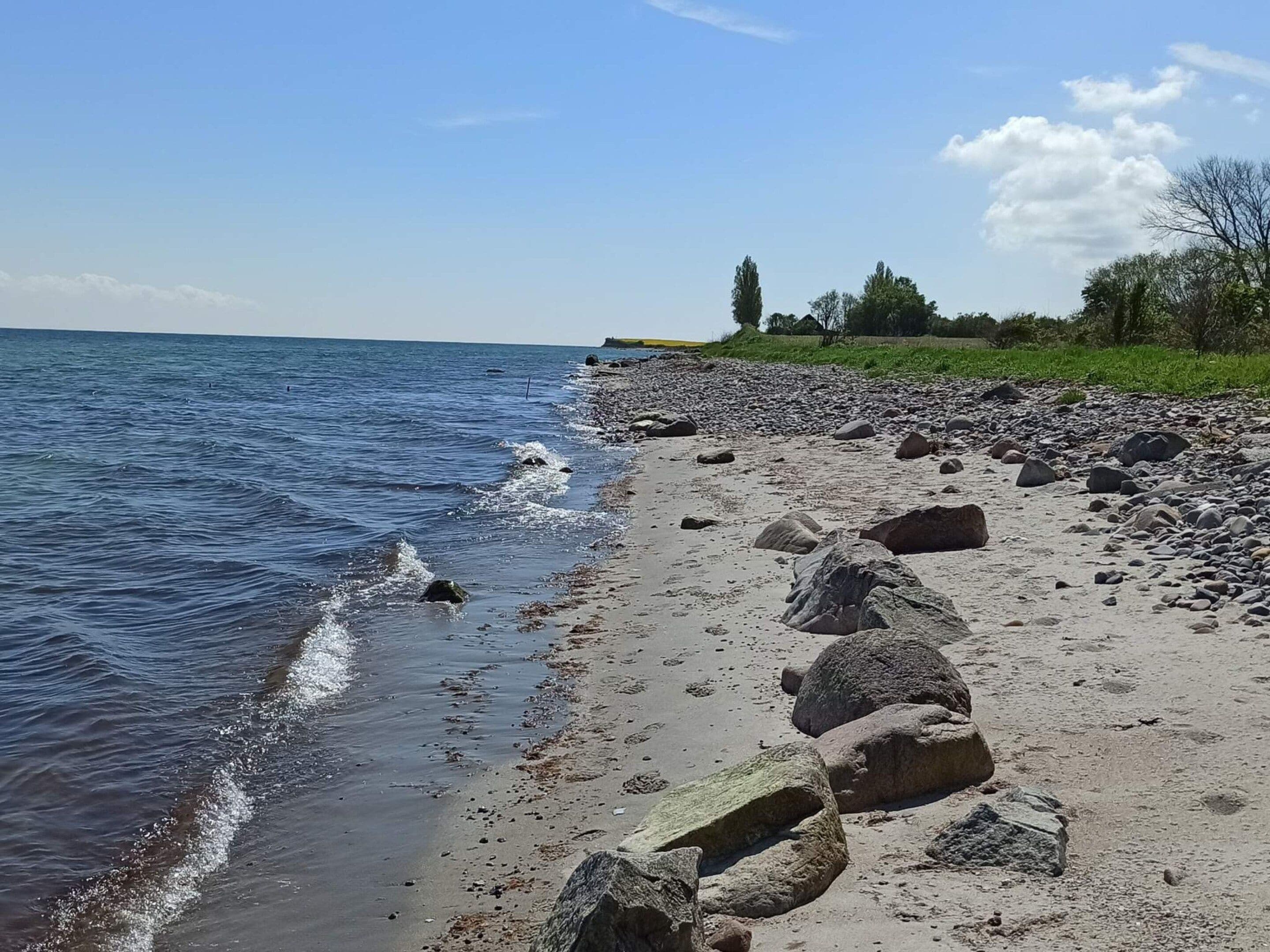 A rocky shoreline with waves lapping at the edge.