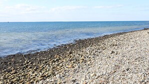 A pebbly beach with clear water and a distant horizon.