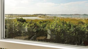 A view through a window of a coastal landscape with a body of water, grassy areas, and distant landforms.