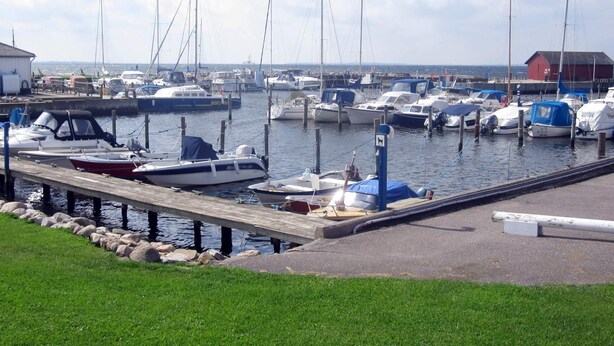 Una marina con varias embarcaciones amarradas a muelles de madera.