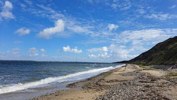 Ein Strand mit Kieselsteinen, einem klaren Himmel und einer entfernten Hügelkette.