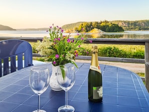 A table with a bottle of champagne and two glasses, a vase with flowers, and a scenic view of a lake and hills.