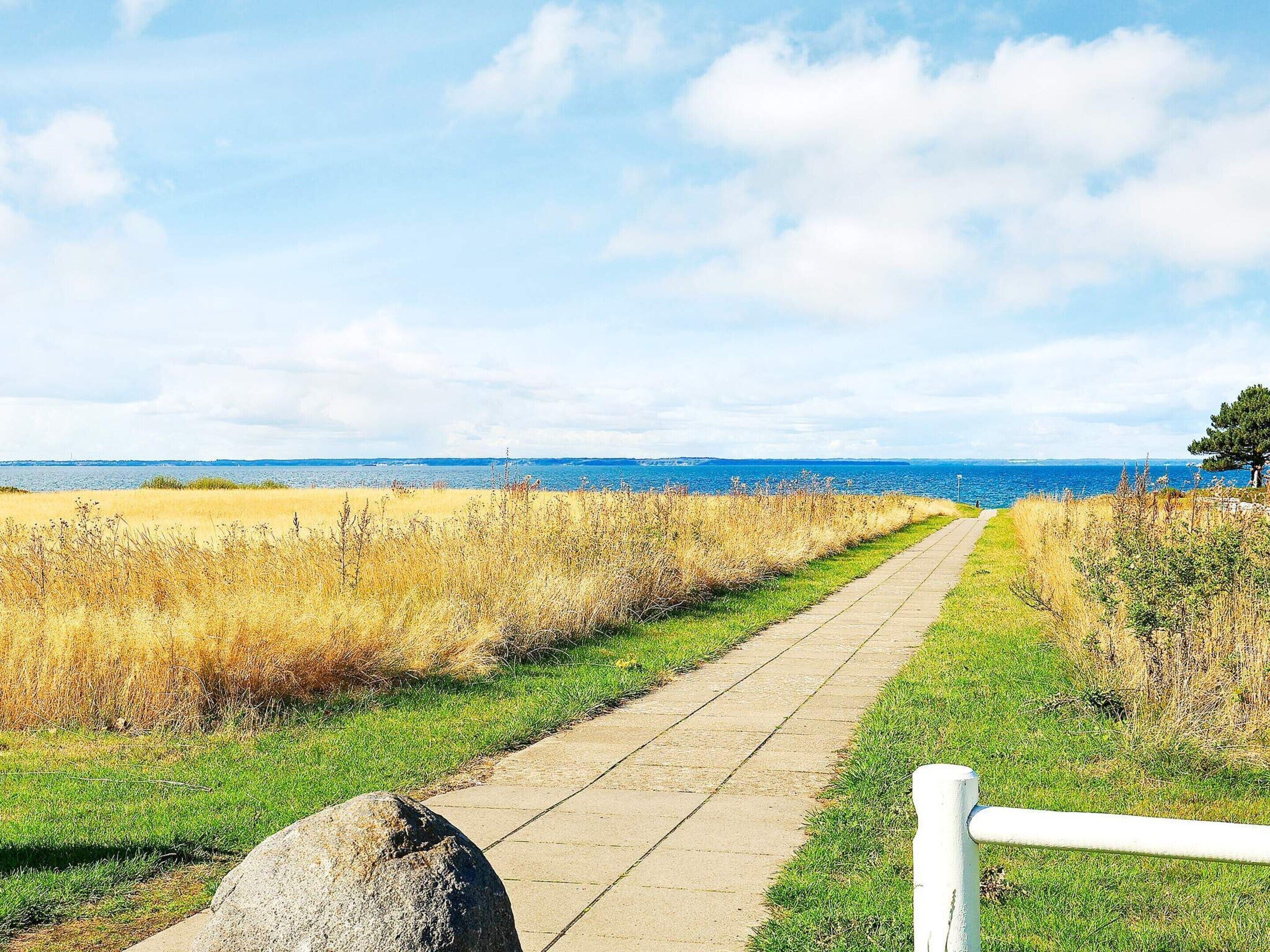 A pathway leading to a coastal view with a clear sky.