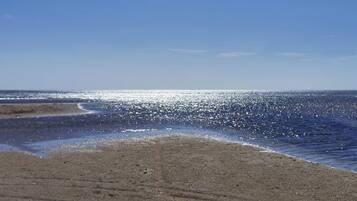 Una playa con cielo despejado y mar tranquilo.