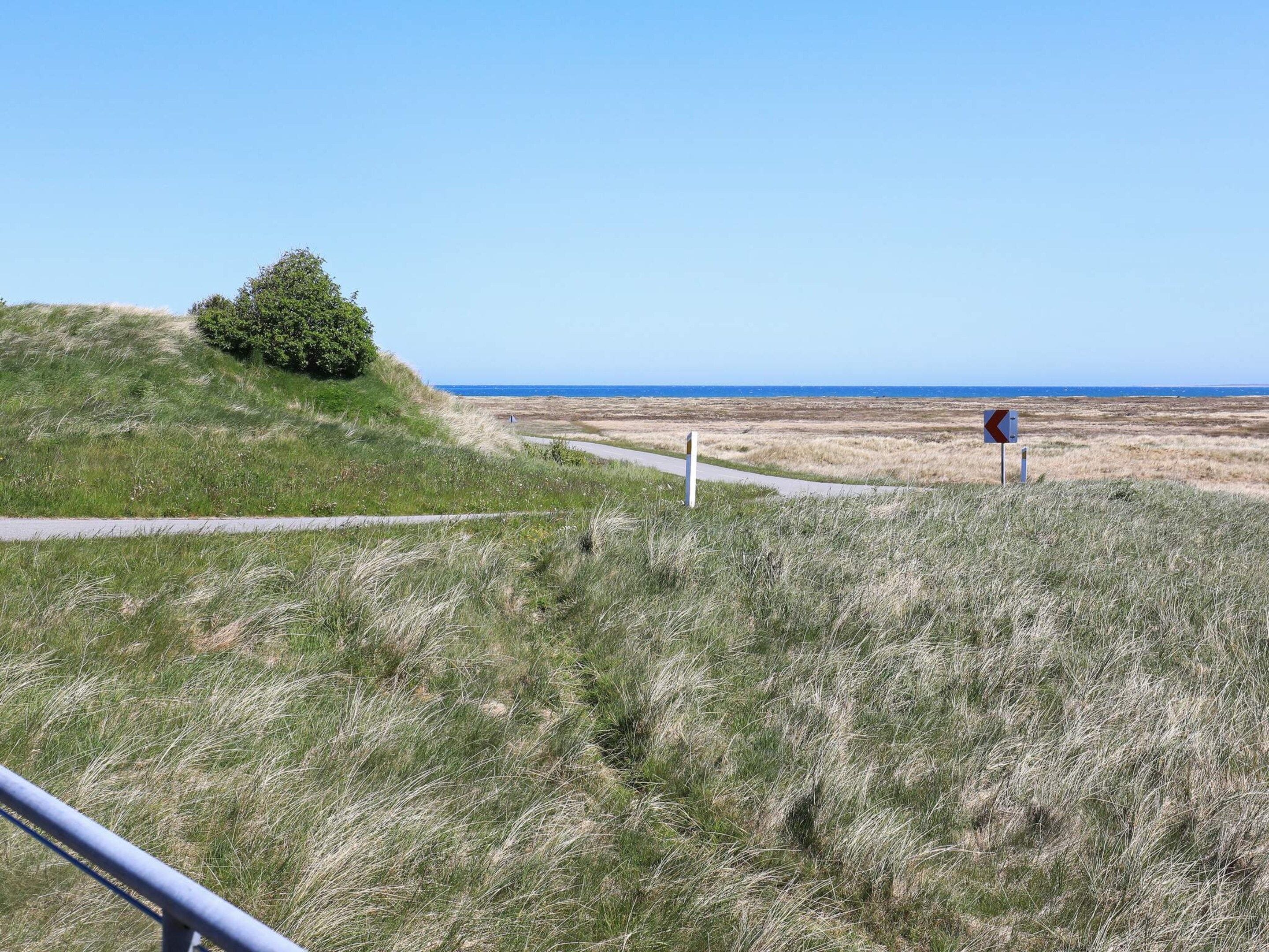 Eine grüne Landschaft mit blauem Himmel, einem Weg und einem Wegweiser.