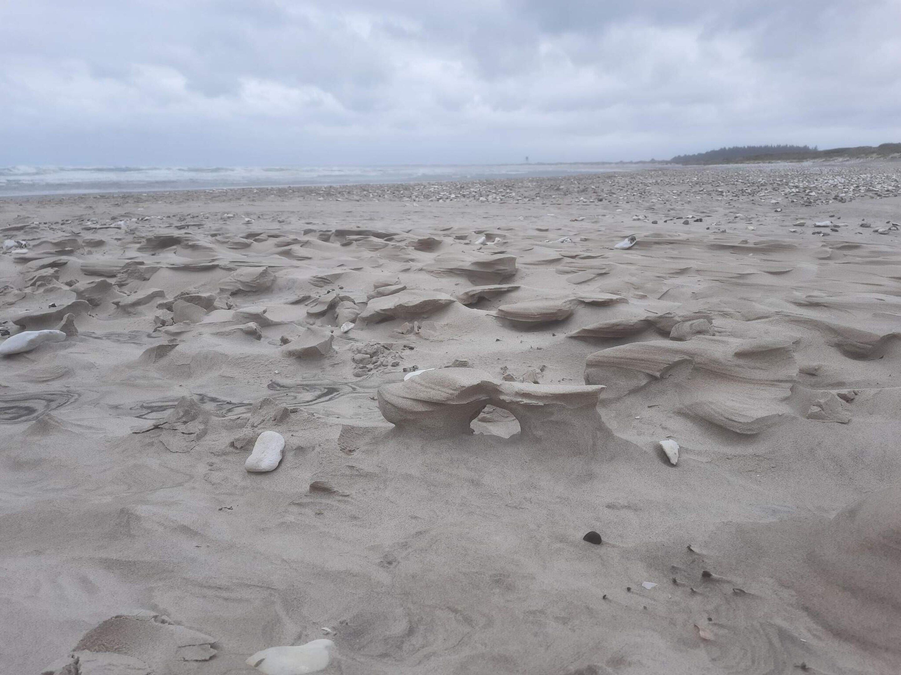 A beach with scattered rocks and a cloudy sky.
