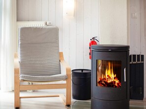 A room with a wooden chair, a black wood-burning stove with visible flames, a fire extinguisher, and a radiator.