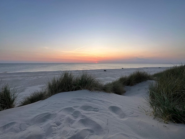 A beach with sand dunes and a sunset over the ocean. - 4 Star Holiday Home in Vejers Strand (Vejers Strand)