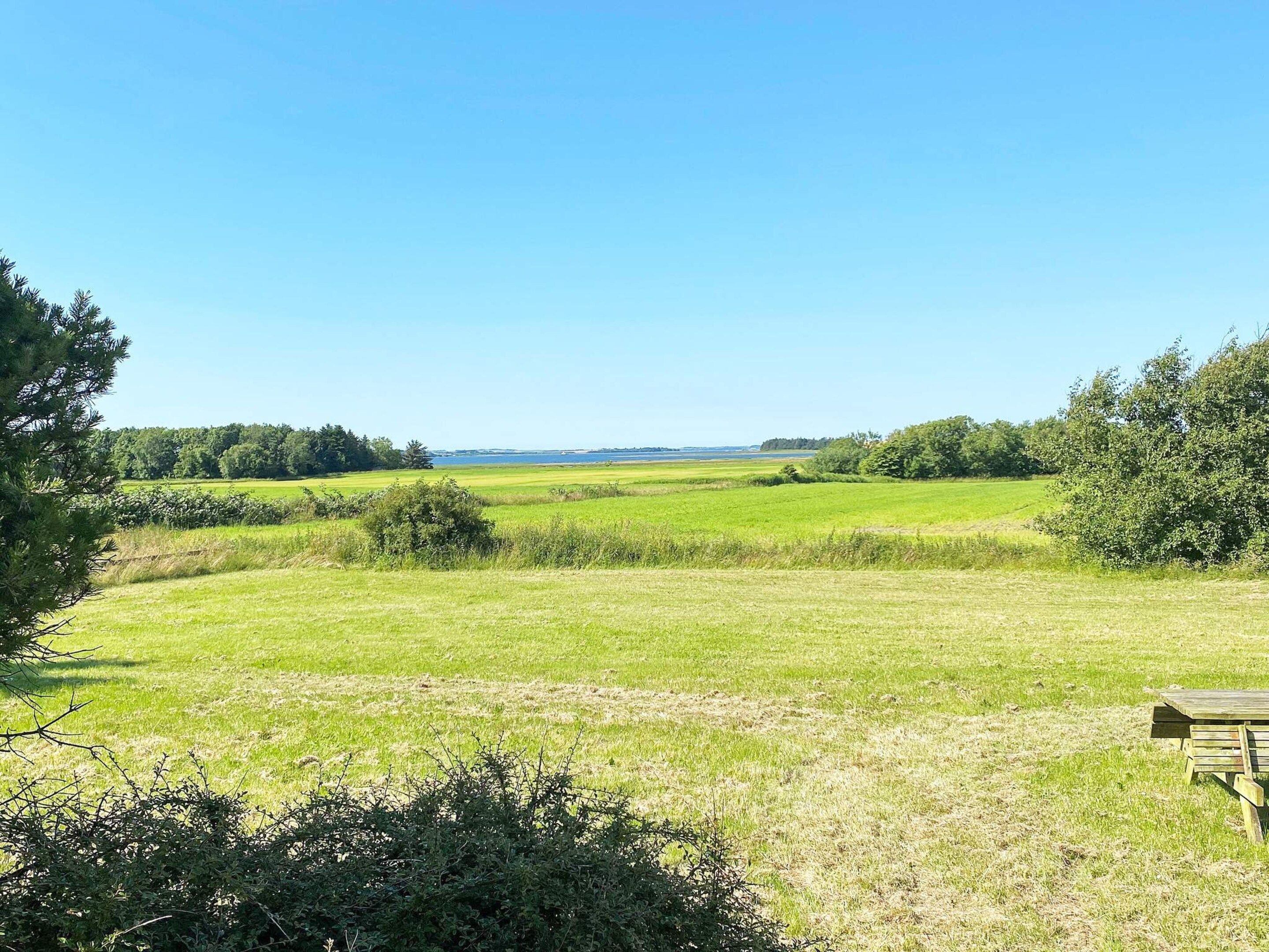 Ein grünes Feld mit einer hölzernen Bank und weiter Weitsicht.