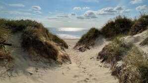 A sandy beach path leading to the ocean, surrounded by grassy dunes. - 5 Star Holiday Home in Ulfborg (Ulfborg)