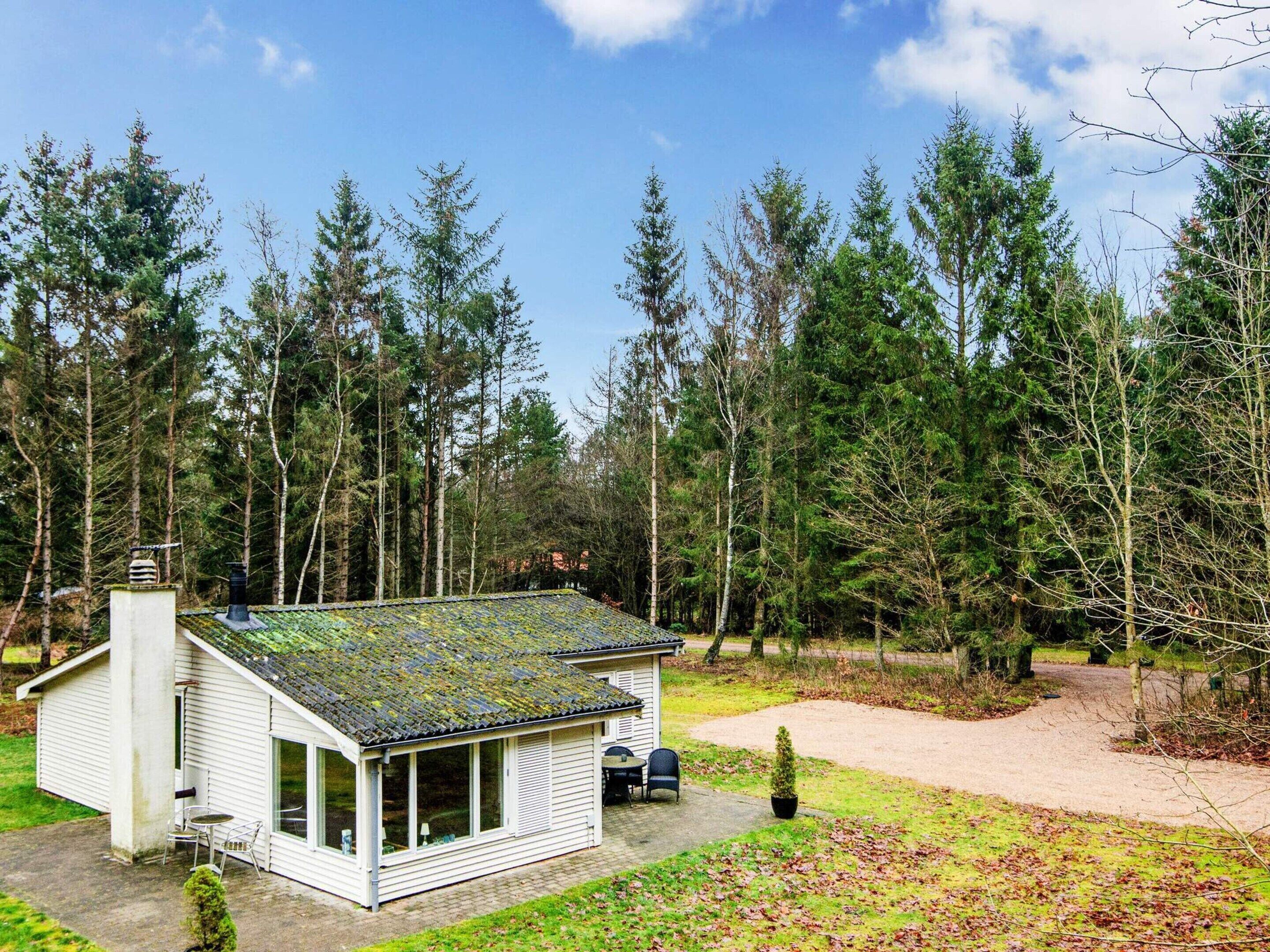Ein kleines, eingeschossiges Haus mit schrägem Dach, umgeben von dichtem Wald.