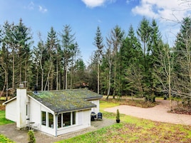 Una pequeña casa de un piso con techo inclinado, rodeada de un bosque denso.