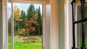 Eine Tür, die zu einer grünen Fläche mit Bäumen führt, ein Fenster auf der rechten Seite und ein Türgriff.