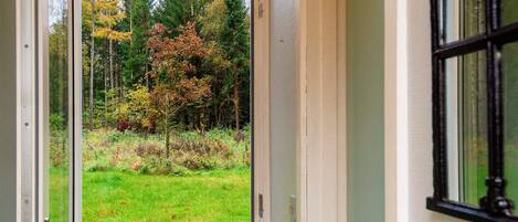 A door leading to a grassy area with trees, a window on the right, and a door handle.