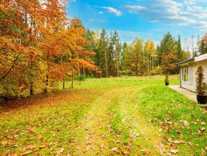 Een huis met gazon en bomen in herfstkleuren.