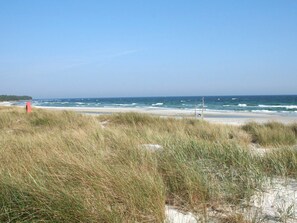 Une plage avec des dunes de sable et des vagues de l’océan.