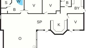 Et hotel layout med flere værelser mærket S, V, B, BY, SP og K.