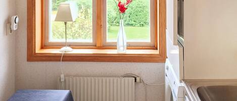 A kitchen with a window, a radiator, a sink, and a table.