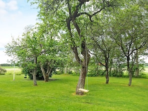 Zona verde con árboles y un columpio de madera.