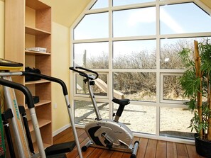 A home gym with exercise equipment, a large window, and a potted plant. - 4 Star Holiday Home in Hirtshals (Hirtshals)