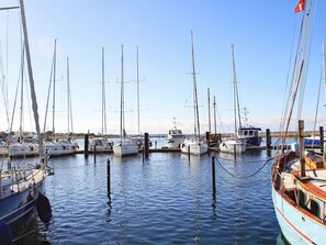 Uma marina com vários veleiros atracados em cais de madeira.
