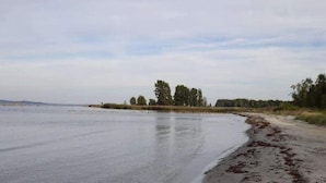 En strand med en sandstrand och ett lugnt vattenområde.