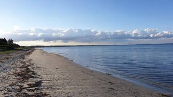 Ein Strand mit sandigem Ufer und ruhigem Wasser.