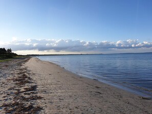 A beach with a sandy shore and calm water.