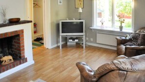 Un salon avec une cheminée, un téléviseur, une fenêtre avec des stores et un canapé en cuir.