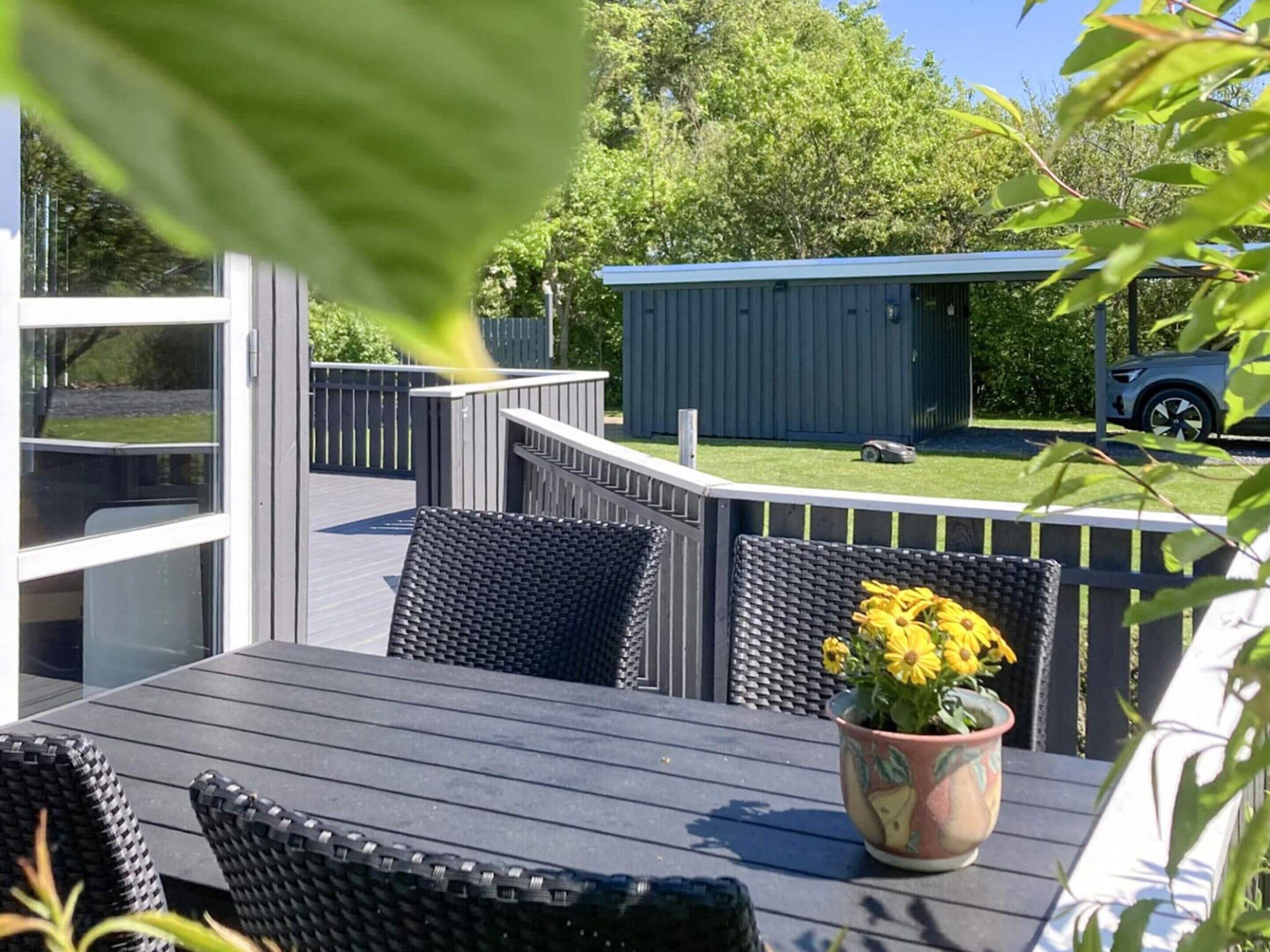 A deck with outdoor furniture, a potted plant, and a shed in the background.