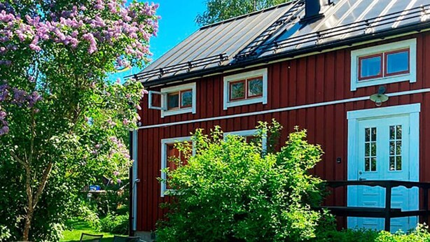 A red building with white-framed windows and a door, surrounded by lush greenery and a tree with purple flowers. - 5 Person Holiday Home in Nordingra-by Traum (Nordingra)