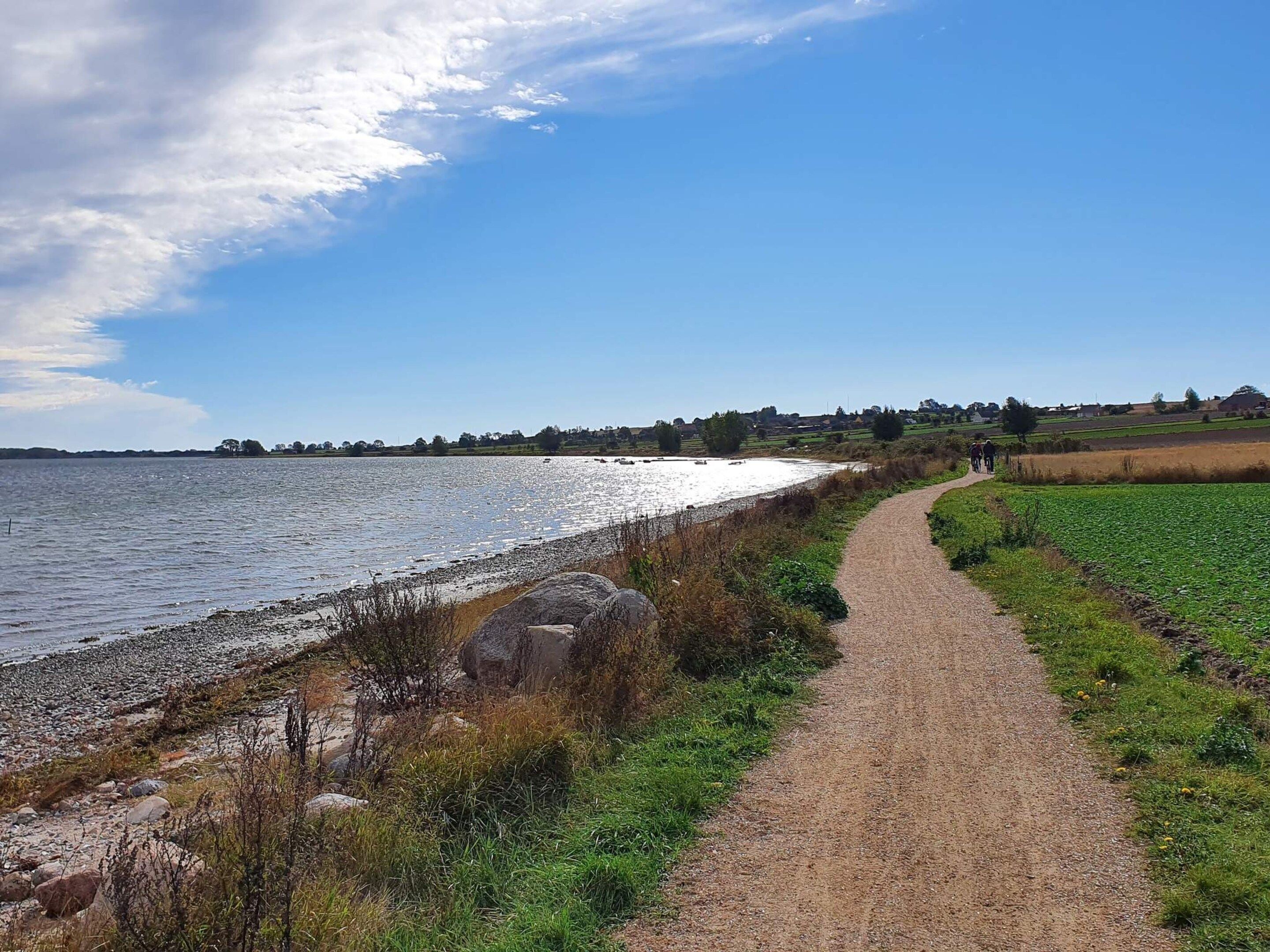A coastal path with a view of the sea and distant houses.