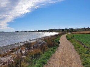 A coastal path with a view of the sea and distant houses. - Cozy Holiday Home in Syddanmark near Sea (Aeroskobing)