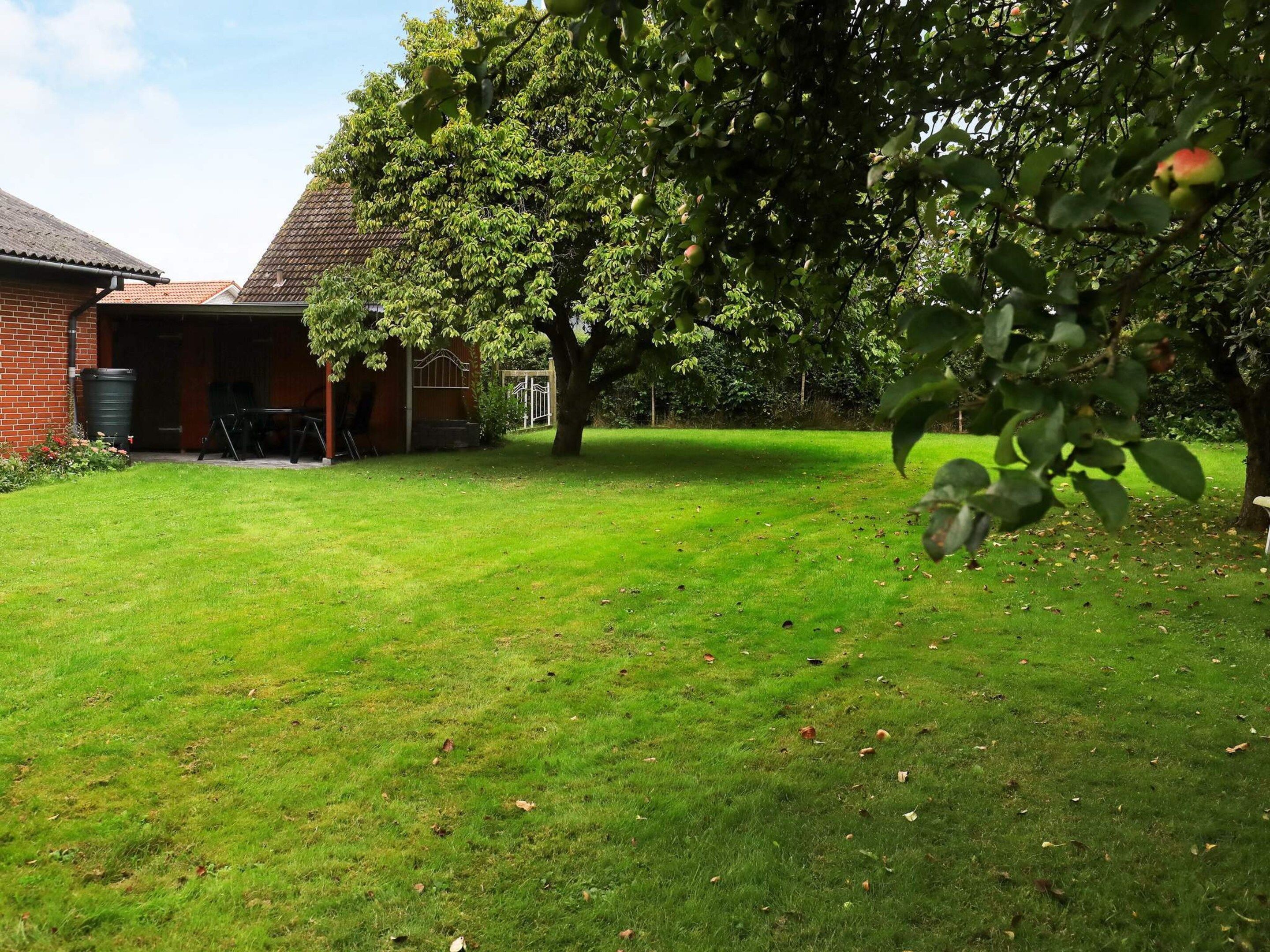 A well-maintained grassy yard with a brick building, a tree, and a metal gate.