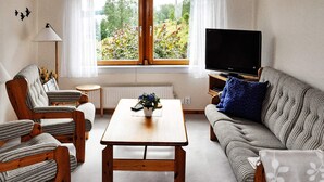 Ein Wohnzimmer mit Couch, Streifenstuhlen, einem Holztisch, einem blauen Kissen und einem Fernseher auf einem Holzschrank. Ein Fenster bietet Blick ins Grüne.