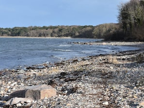 Una costa rocosa con un río, árboles y una playa distante.