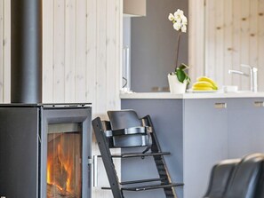 A modern kitchen with a wood-burning stove, a white orchid, and a fruit bowl. - 5 Star Holiday Home in Albaek (Aalbaek)