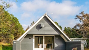 Una casa pequeña y moderna con techo triangular, antena parabólica y puerta de cristal.