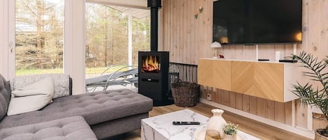 A modern living room with a sofa, a fireplace, a TV, and a view of the outdoors.