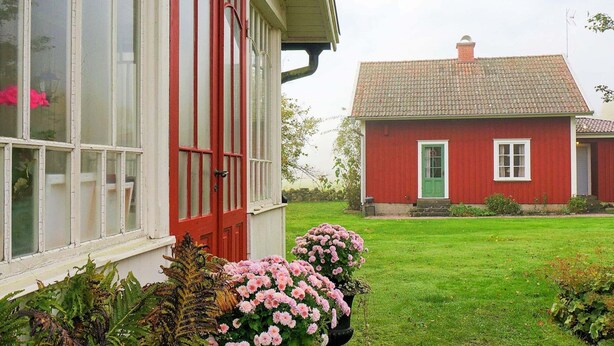 A red house with a green door, a white porch, and a garden with pink flowers.
