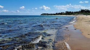 A beach with clear water, a sandy shore, and a distant forested area.