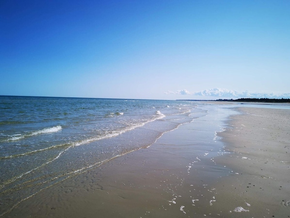 A beach with gentle waves, a clear sky, and a distant shoreline.