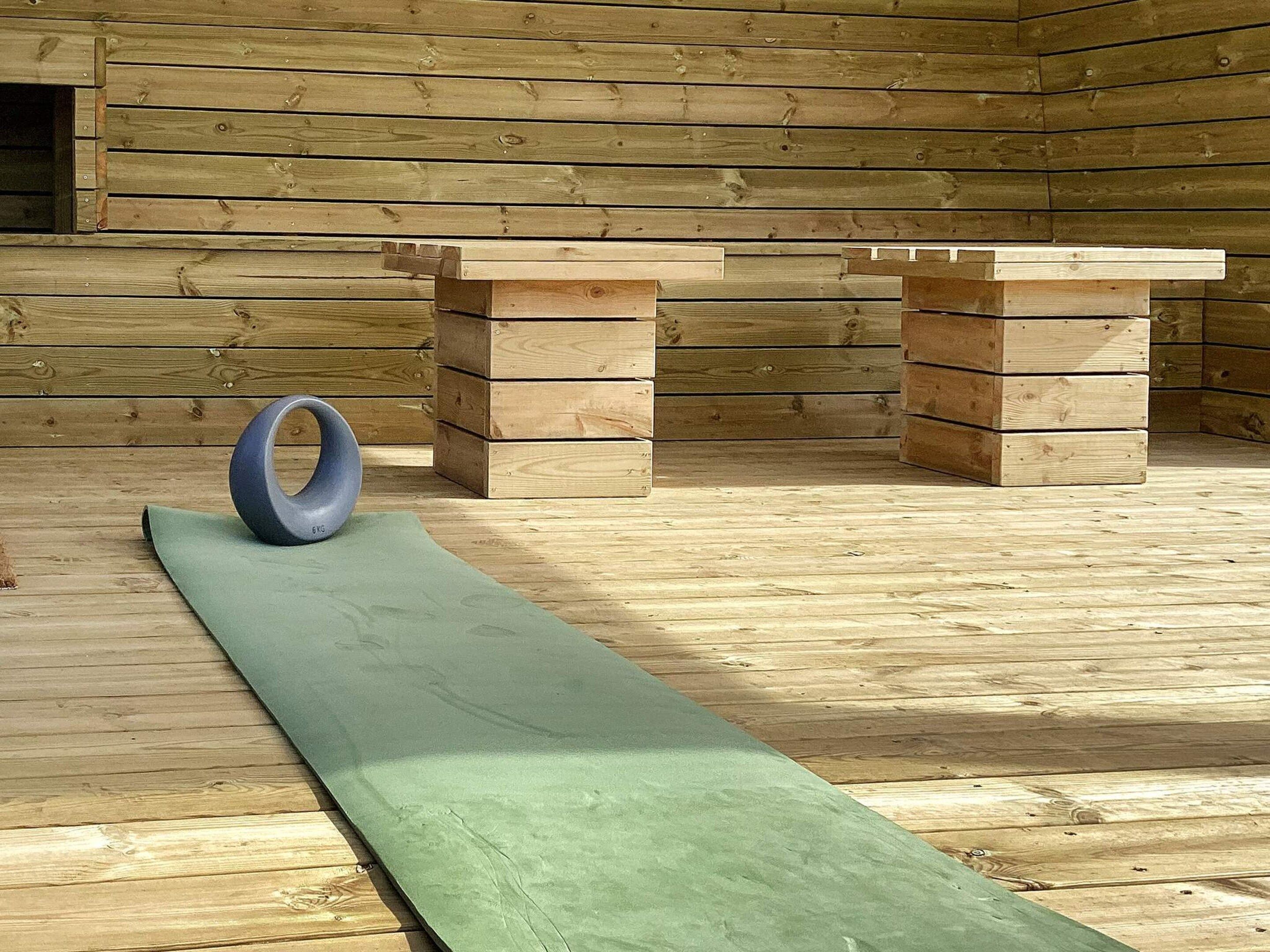 Una habitación con paredes de madera, un tapete verde y un anillo azul en el suelo.