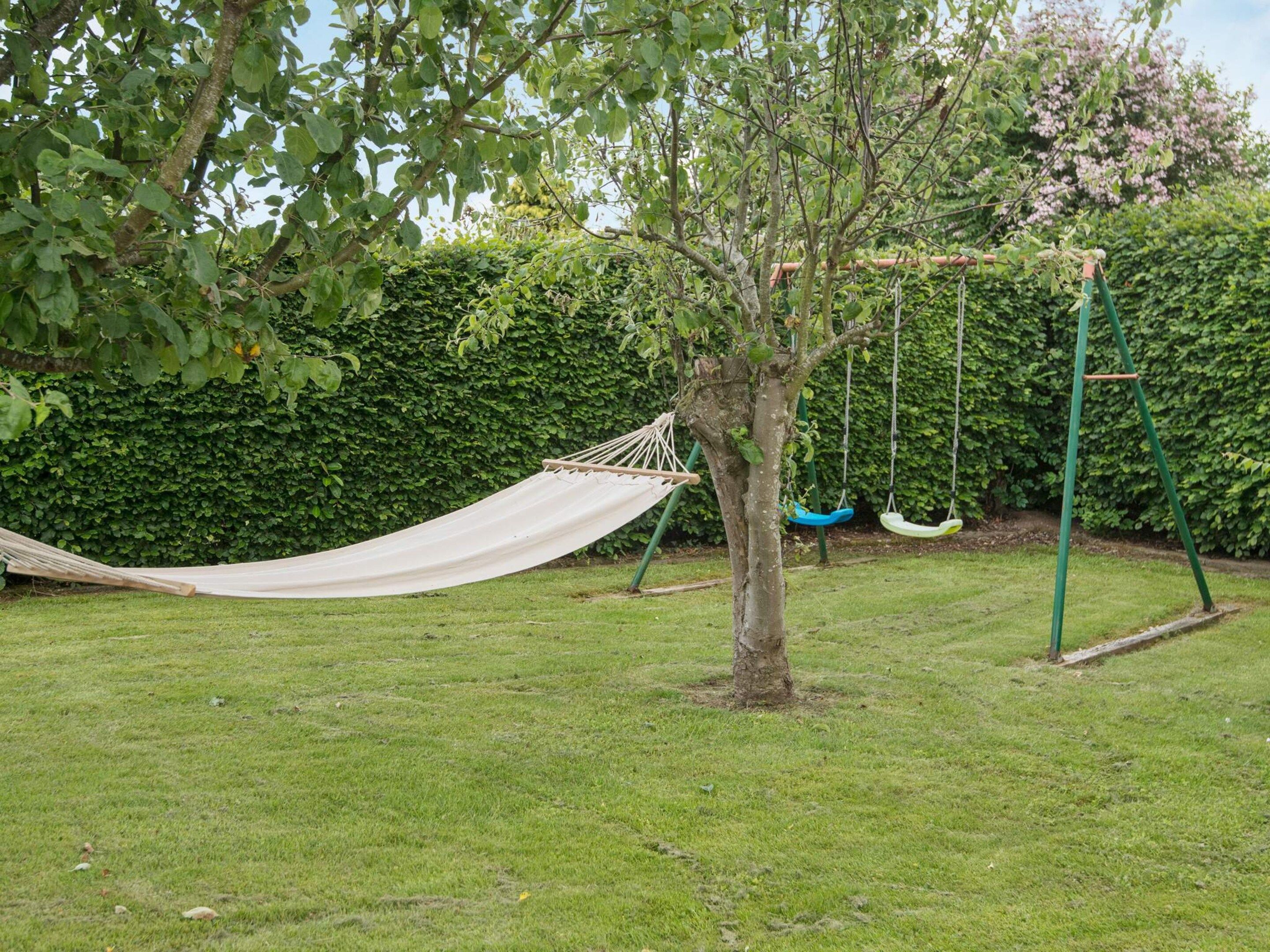 A hammock tied between two trees in a grassy area with a swing set and a hedge in the background.