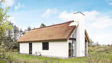 A modern house with a thatched roof, white exterior walls, and a large glass door leading to an outdoor area.