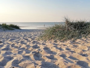 Una playa arenosa con dunas y una vista despejada del mar.